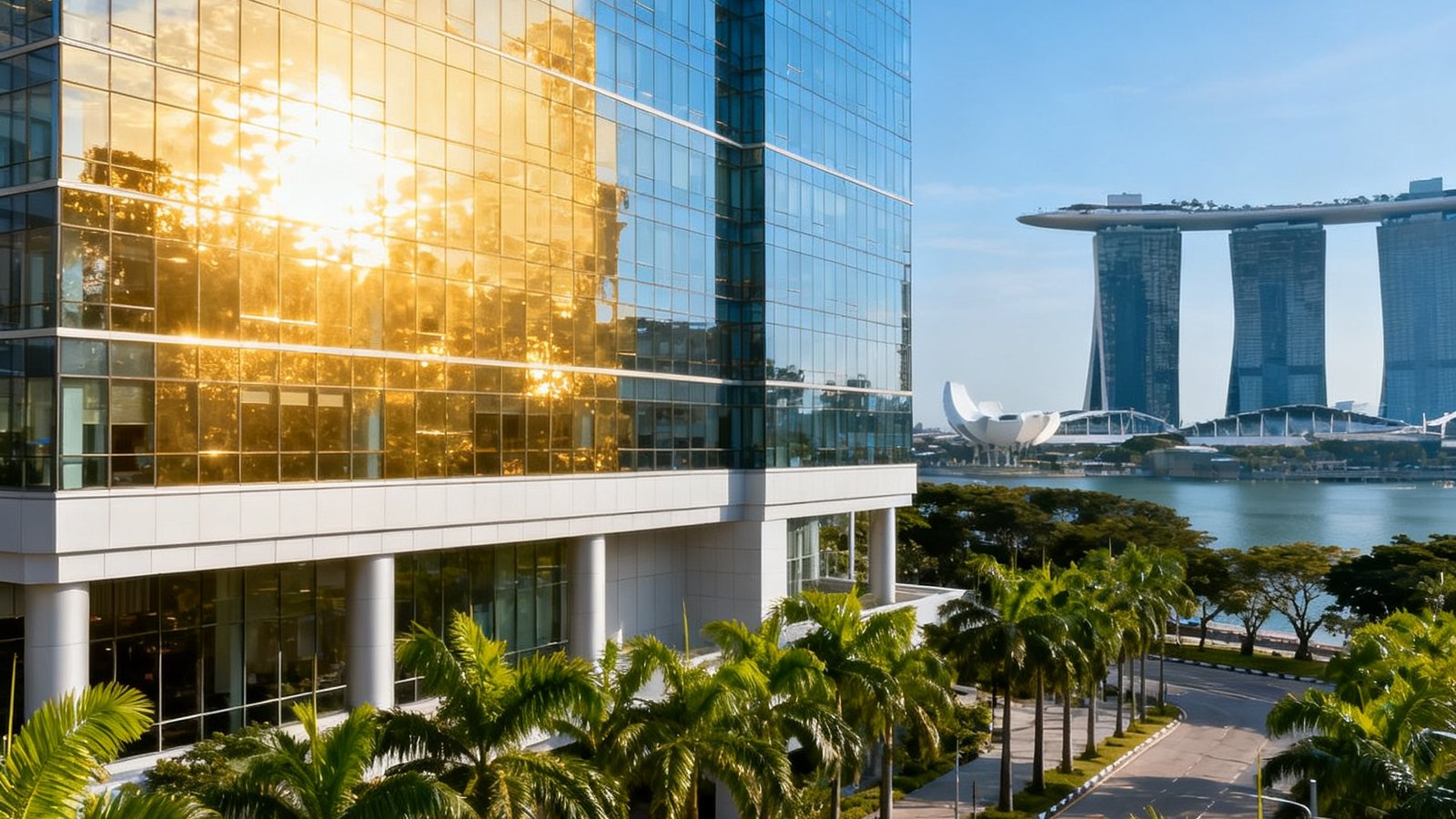 新加坡滨海湾商务区一栋现代化高层办公楼的外观，玻璃幕墙反射着热带阳光，楼下是整洁的棕榈树大道，远处可见滨海湾金沙酒店