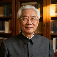 一位六十岁左右的中国男性学者，戴着金丝边框眼镜，花白头发整齐，穿着深灰色中山装，背景是摆满书籍的研究室书柜